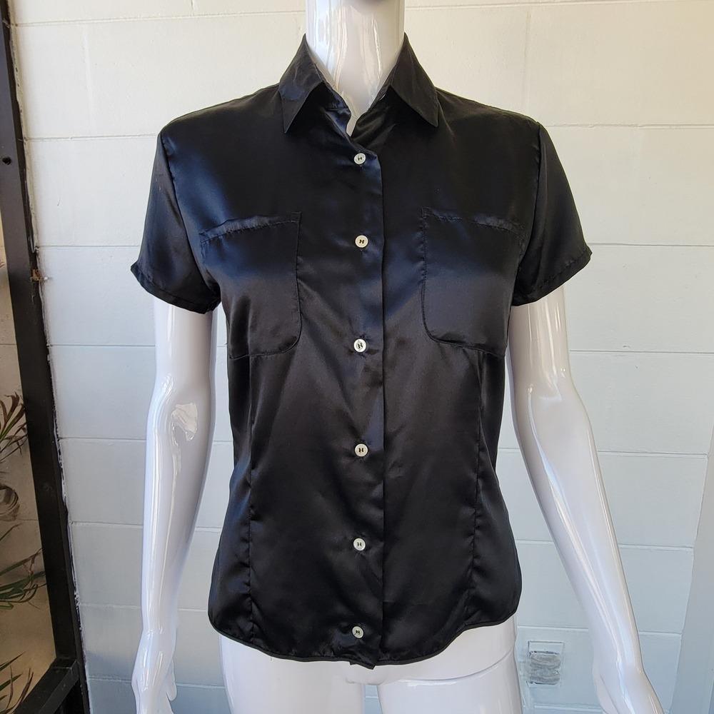 Vintage Sisley Button-up Black Satin Shirt Office Goth Glam Chic Women's 40 US 6
